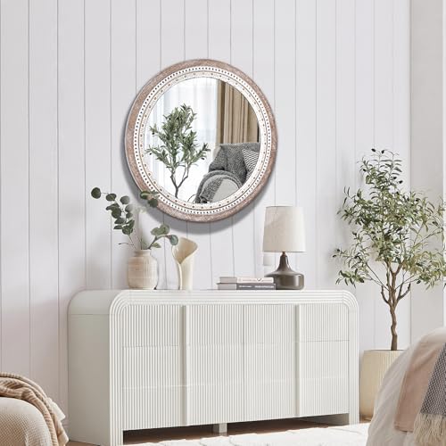 Reflinto 32" Farmhouse Wooden Decorative Round Mirrors for Wall Decor with Beads Frame, Rustic Large Circle Mirrors for Bathroom, Over Sink, Bedroom, Living Room, Entryway - Image 7