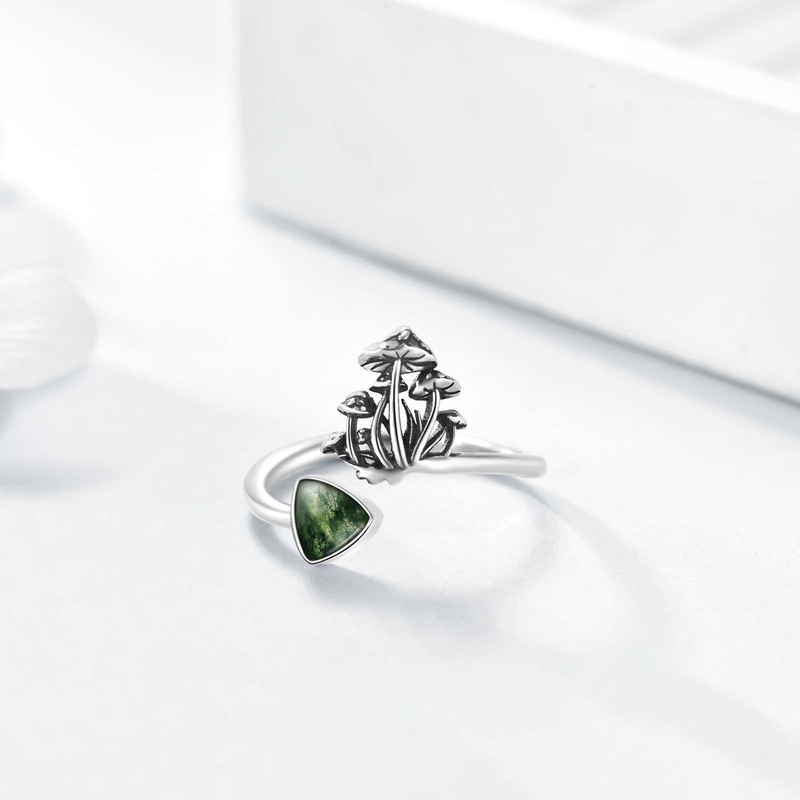 YFN Pilz Ring 925 Sterling Silber Moosachat Pilz verstellbarer Ring Pilz Schmuck für Damen Mädchen antike Pilz Geschenke für Mutter