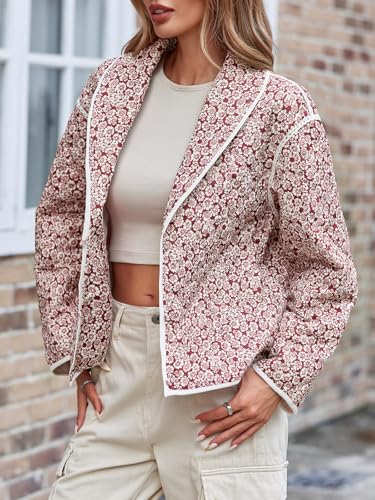 Tankaneo Womens Puffer Quilted Jacket Lightweight Floral Print Button Down Long Sleeve Patchwork Outwear Coats4