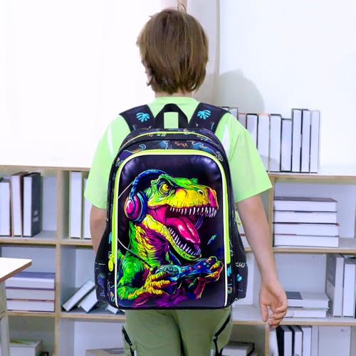 Image of CCJPX 3Pcs Dinosaur Backpack for Boys, 16 inch Gamer Kids Bookbag with Lunch Box, Cool Water Resistant Schoolbag for Preschool Kindergarten Toddler(Black)