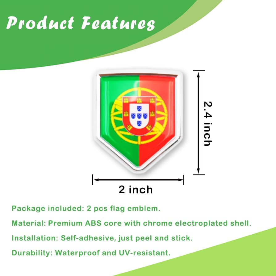 Image of Newperlite Portugal Flag Decal Sticker Car Emblem Portuguese Flag Car Decoration Accessories Chrome Shield for Truck Vehicles Cars, 2 Pack