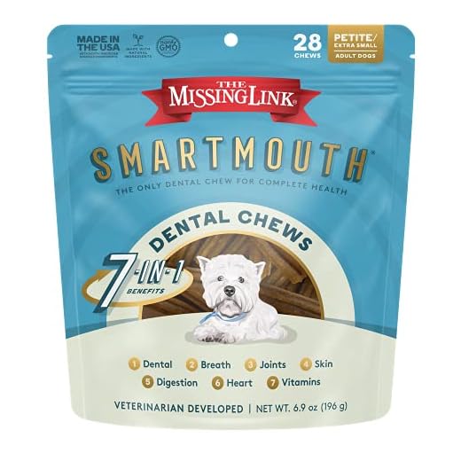 The Missing Link Smartmouth Vet Developed Dental Chew Treats, 7-in-1 Benefits: Healthy Teeth & Gums, Breath, Skin, Joints, Digestion, Heart, Immune System – Petite/XS 5-15lb Dogs, 28 Ct