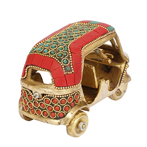 Kartique Brass Auto Rickshaw Handcrafted Indian Souvenir | Tuk Tuk Vehicle Decor | Stone-Studded Showpiece & Gift Item (Red)