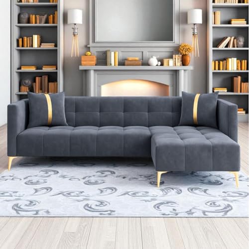 Image of Furny Styling 4 Seater Fabric RHS L Shape Sofa Set (Dark Grey) | Soft Velvet Fabric | Modern Design | Comfortable Seating | Living Room Furniture