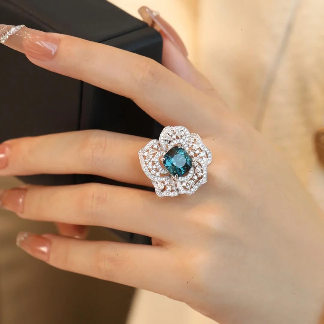 Delicate Crystal Flower Expandable Statement Ring for Women Princess Cut Cube CZ Big Floral Bridal Adjustable Open Stacking Finger Bands Promise Eternity Rings Exquisite Jewelry Gifts Wedding - Image 4