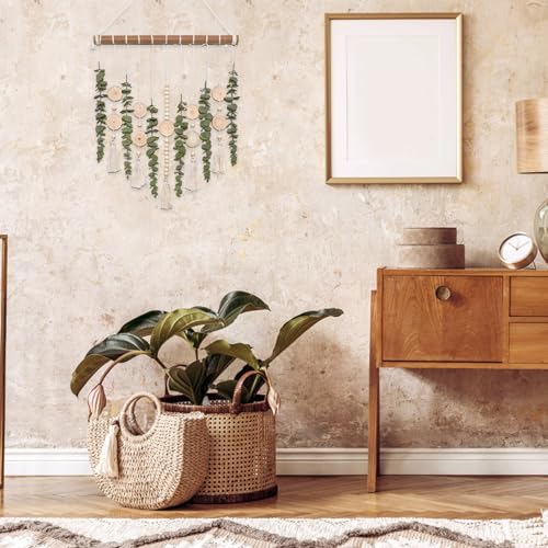 Décoration murale bohème eucalyptus fausses feuilles verdure rustiques avec pompon