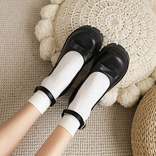 UniqueStride Women's Retro Platform Ankle Strap Round Toe Chunky High Heel Pumps Buckle Bow Dress Shoes4