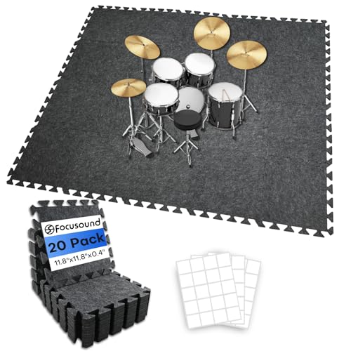 Focusound 20Pcs Sound Absorbing Interlocking Drum Rug, 11.8 x 11.8 x 0.4 inches High Density Soundproof Floor Mats, Non-Slip Anti Vibration Piano Carpet Drum Mat for Music Studio, Grey