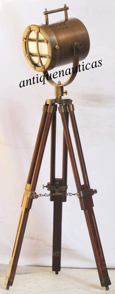 Antique Spotlight Table Lamp Hollywood Vintage Nautical Industrial Brown Tripod Stand