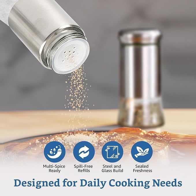 Image of Salt and Pepper Shakers Set, Stainless Steel Salt and Pepper Sprinkler for Restaurant with Glass Bottom, Spice Dispenser Ideal for Himalayan, Kosher, Black and White Pepper (Black + Silver)