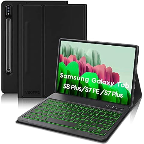 IVEOPPE Tablet Keyboard Case for Samsung Galaxy Tab S7 FE/S7 Plus/S7+/S8 Plus 12.4'', Bluetooth Backlit Removable Keyboard QWERTY UK Layout with Smart PU Cover & S Pen Holder, Black Cover