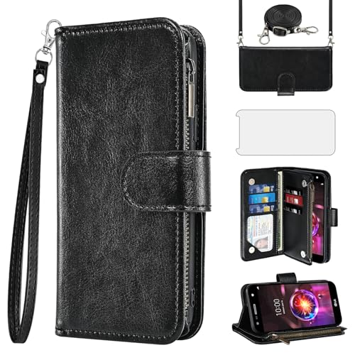 Asuwish Phone Case for LG X Charge/Fiesta 2 LTE/X Power 3/X5/LV7 Wallet Cell Cover with Screen Protector Crossbody Strap Zipper Card Holder Stand LG-M322 XPower 2 SP320 M327 M322 Women Girls Men Black