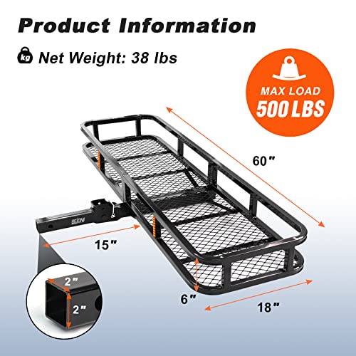 Bejoni 60" L X 18" W Heavy Duty Folding Cargo Rack Carrier, 500Lbs Capacity, Rear Hitch Mount Basket For Cars, Vehicle Cargo Carriers Fit 2" Receiver For Suv, Truck, Car,Black #TOP2