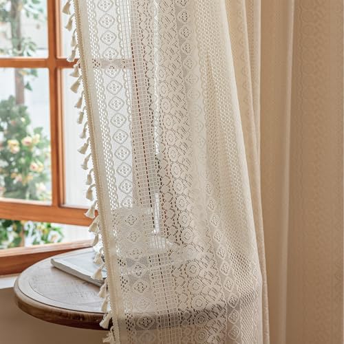 Beige Boho Sheer Curtains with Tassels for Bedroom 60 x 63 Inch, 2 Panels by TERLYTEX - Used condition - US$25.75