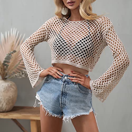 Image of Women Crochet Hollow Out Sweater See Through Fishnet Knit Pullover Cropped Tops