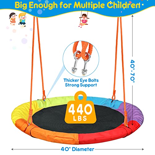 Gikpal Saucer Swing With Stand For Kids Outdoor, 440Lbs Swing Set With Heavy-Duty Metal Frame And Adjustable Ropes, Safe Waterproof Round Swing For Backyard Playground Park, Rainbow Color #TOP1