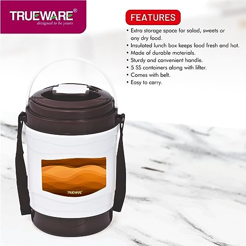 Image of Trueware Marina 5 Lunch Box with 5 Steel Container, 300 ml X 5 Brown | PU Insulated | Tiffin | Hot Lunch Box | Leak Proof | Easy to Carry | Food Grade | BPA Free | Office | Outdoors | for Men Women