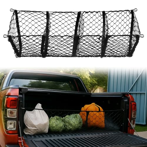 Rede De Carga Organizadora para Caçamba de Caminhonete e Porta-Mala, 4 Bolsos em Malha Elástica de Nylon Resistente