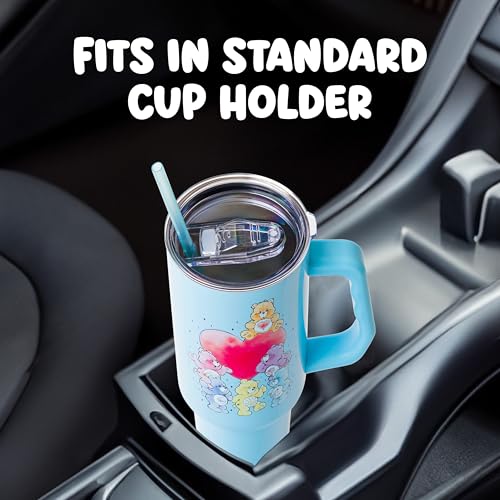 Image of Silver Buffalo Care Bears Watercolor Featuring Tenderheart, Cheer, Grumpy, Funshine, Bedtime, Share Bear Double Walled Stainless Steel Tumbler w Handle & Straw, Fits in Standard Cup Holder, 40 Ounces