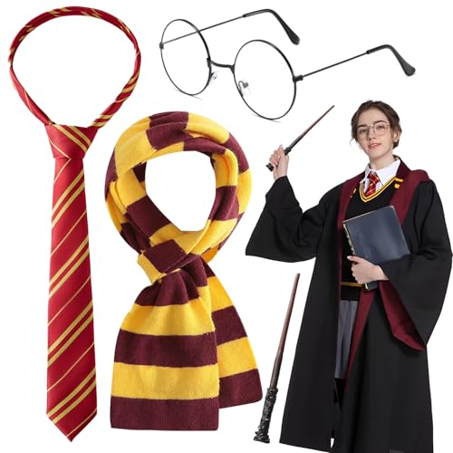 Conjunto de 4 acessórios de fantasia de mágico, fantasia de mago com cachecol, óculos, gravata, varinha de mágico, fato de cosplay para o dia mundial do livro, Halloween, festa temática de carnaval