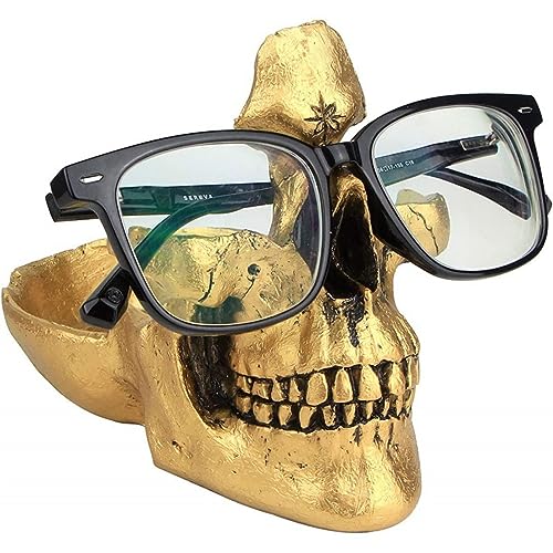 Gold Totenkopf-Brillenhalter Kreativer Schädel Sonnenbrillen Ständer 3D-Skelett Brillen-Organizer mit Schmuck Schale,Brillen Halter Display Ständer für Zuhause, Büro, Schreibtisch, Nachttisch