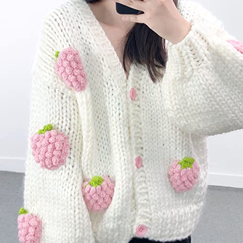 Image of V Neck Sweaters for Women Cute Strawberry Button Loose Cardigan Sweater Open Front Cable Cropped Knit Top