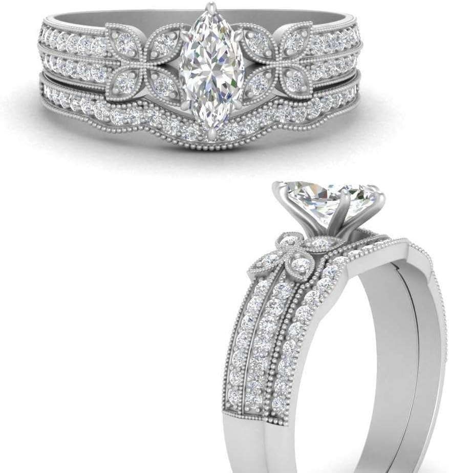 Choose Your Color 925 Sterling Silver Marquise Shape Ring Matching Fashion Wedding Jewelry Easy to Wear Milgrain Petal Diamond CZ Wedding Ring Sets for Your Love : US Size 4 to 12