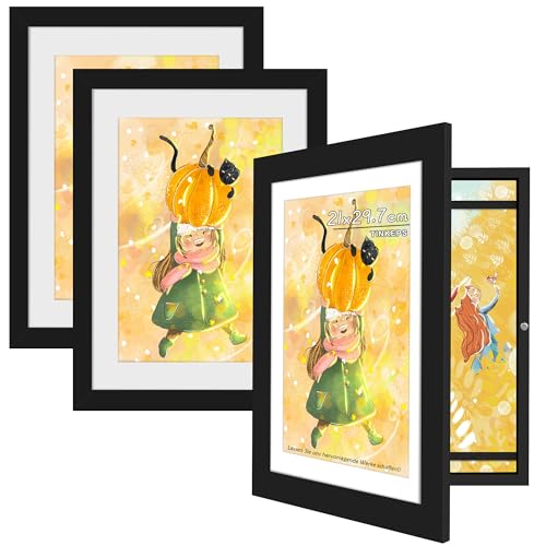 Tinkeps Kinderbilderrahmen A4 3er-Pack Schwarz Holzrahmen mit bruchsicherer Acrylglasplatte ideal zur Präsentation von Kunstwerken und Kinderfotos