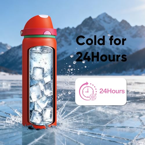 Image of Insulated Water Bottle with Straw - Encool Stainless Steel Water Bottle with Push Button Lid, Leak-Proof & BPA-Free, Keeps Cold for 24 Hours for Sports, Travel, Gym (32 oz, Grapefruit Red)