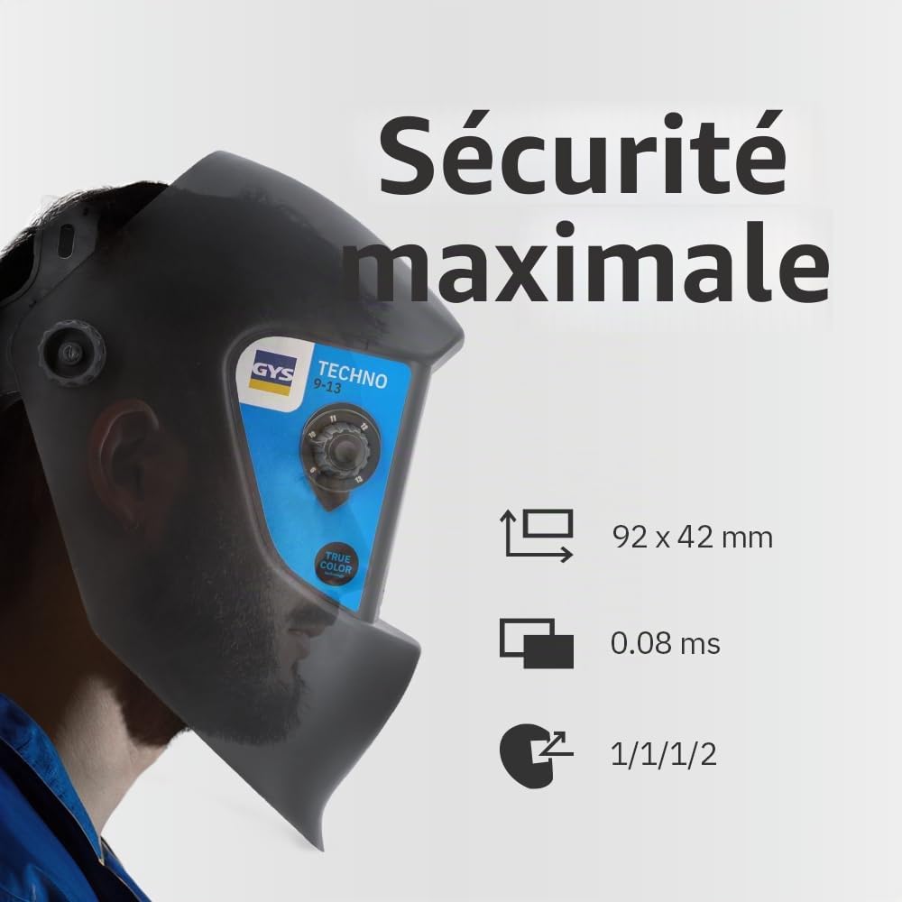 GYS, Masque de Soudage LCD TECHNO 9/13 True Color, Teinte 3/9>13, Champ de Vision 92x42mm, Assombrissement Auto 0,60ms, Classe Optique 1/1/1/2, pour MMA, TIG, MIG/MAG
