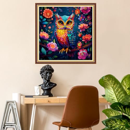Image of Fanxvivy Stamped Counted Cross Stitch Kits for Adults Printed Cross-Stitch Patterns 11CT Stamped or Counted Cross Stitching Embroidery Kit Needlepoint Kits-Flower owl 18x18 inch
