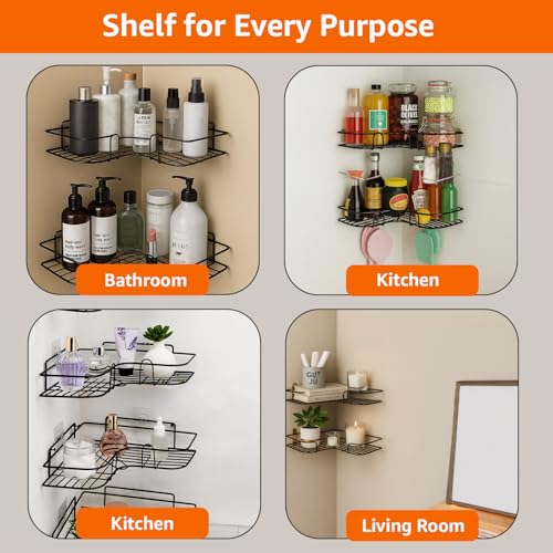 Image of Amazon Basics Self-Adhesive Corner Shelf | No-Drill, Wall-Mounted Organizer for Bathroom, Kitchen & Living Room - Premium Rust Proof GI Metal, 27 x 27 x 6 cm, Black, Pack of 4