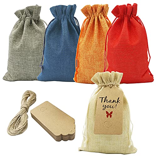 DUGYIRS 30 Pièces Sacs en Toile de Jute ​Sacs-Cadeaux avec Cordon de Serrage 13cmx18cm Sacs en Jute Petit Sacs Cadeaux de Fête Pochettes à Bijoux Sacs D'artisanat pour Cadeaux de Mariage(5 couleurs) Cover