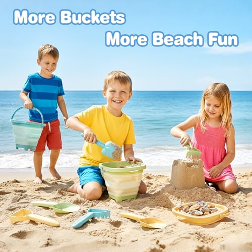 Dreamon Beach Toys, 3 Pack Collapsible Sand Buckets for Kids, Shovels & Rakes Set with Mesh Bag, Kids Beach Essentials Sandcastle Building Kit for Beach Trip Outdoor Play and Summer Fun - Thumbnail 2