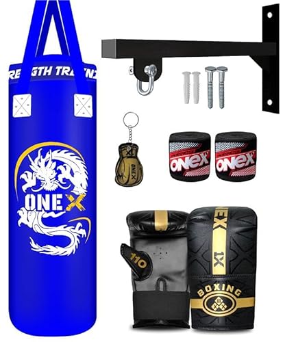 Heavy Punch Bag Boxing Training, Filled 3ft Heavy Duty set, Wall Bracket Punching Gloves, Kickboxing MMA Grappling Muay Thai Karate BJJ, Adult Home Gym Fitness (BLUE, 3FT)