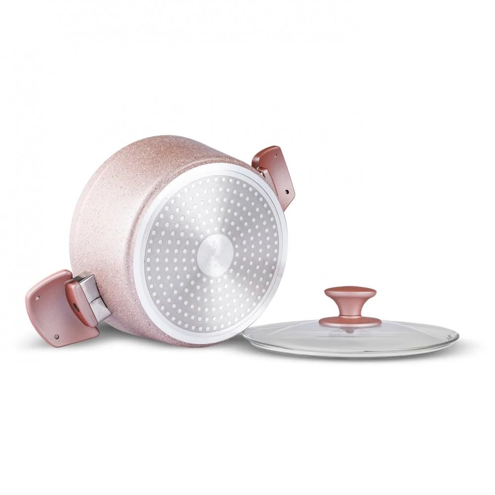 Karaca Bio Granit Töpfe und Pfannen Set, Antihaft-Kochgeschirr Set mit Glasdeckeln, 7-teilig, Kratzfest, spülmaschinengeeignet, Küchen-Kochutensilien, Induktion Roségold Topfset