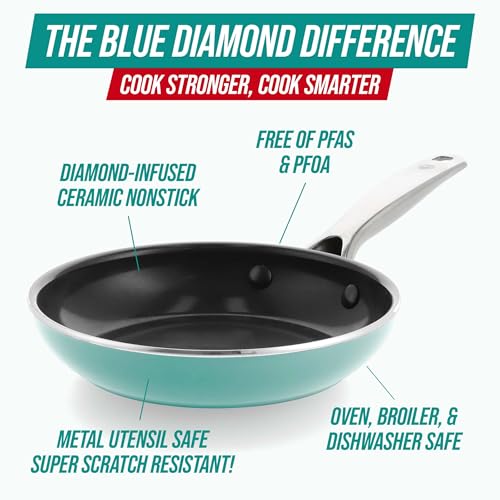 Image of Blue Diamond 8 inch Nonstick Frying Pan Skillet, Diamond Infused Ceramic PFAS-Free, Dishwasher & Oven Safe, Stay Cool Handle, Durable Non Toxic Metal Utensil Safe, Egg & Omelet Pan, Turquoise