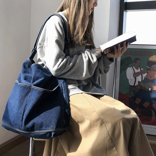 Image of Denim Shoulder Bag Canvas Messenger Bag for Women Men Tote Bag Casual Retro Aesthetic Crossbody Bag Handbag