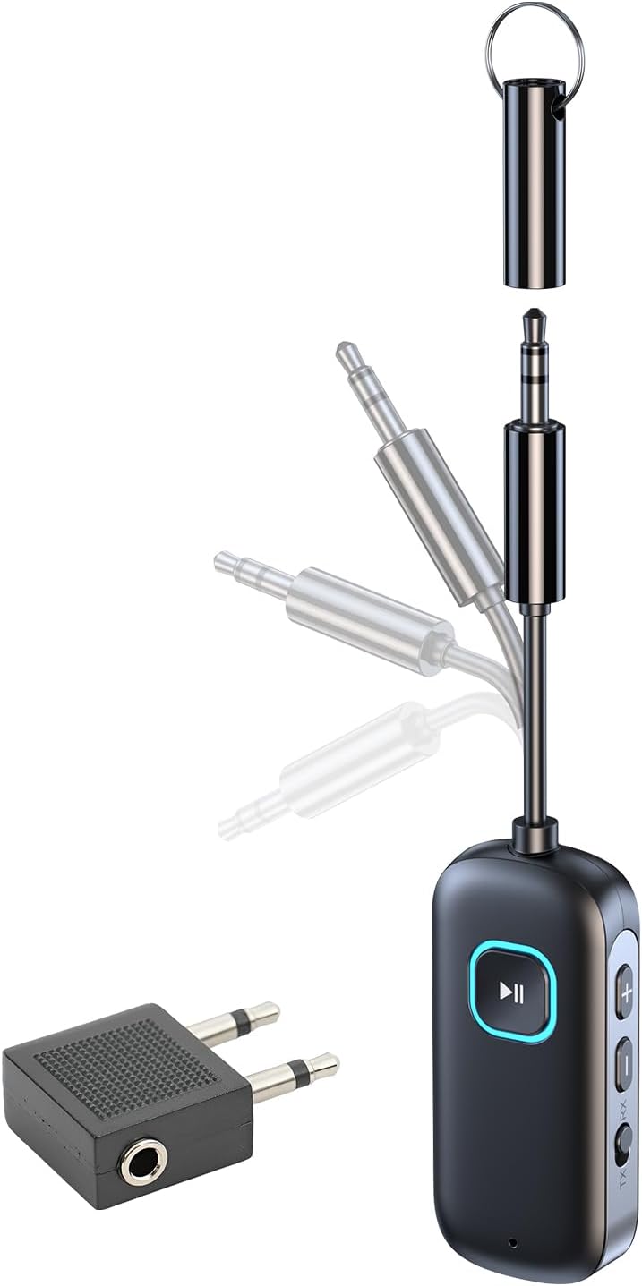 Bluetooth Transmitter Airplane Wireless Adapter: Aux Audio Receiver aptX Low Latency for 2 Headphones Earbuds AirPods