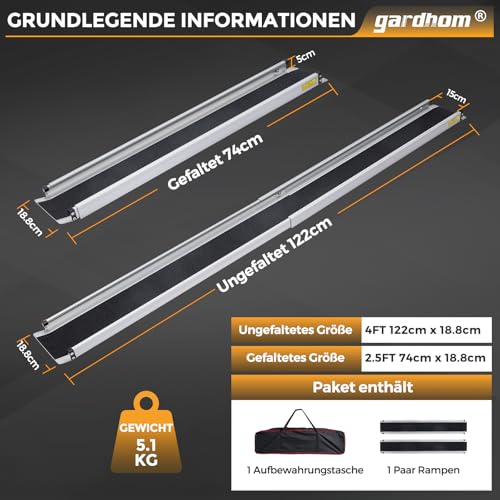 2PCS Teleskop Rollstuhlrampe 74.5-122cm, gardhom Verstellbare Tragbare Aluminium rutschfeste Teleskoprampe mit 272KG Ladenkapazität für Treppe Hindernissen Haus Schritte in der Textiltasche