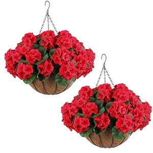 Hananona 2 Set Artificial Outdoor Geraniums Flowers with Hanging Basket, 2 Hanging Planters with 12 Pcs Red Geranium Flowers for Spring Summer Front Porch Garden Patio Home Decor (2, Red)