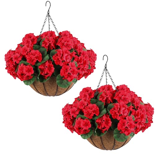 Hananona 2 Set Artificial Outdoor Geraniums Flowers with Hanging Basket, 2 Hanging Planters with 12 Pcs Red Geranium Flowers for Spring Summer Front Porch Garden Patio Home Decor (2, Red)