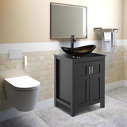 Artethys 24 Inch Bathroom Vanity Set - Combo Mdf Sink Cabinet Vanity With Counter Top Glass Vessel Sink Vanity And 1.5 Gpm Faucet (Single Vanity+Oval Golden Sink) #TOP1