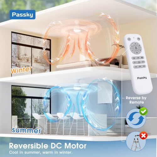 Image of Passky 42 Inch White Low Profile Ceiling Fan with Light, Pull Chain&Remote | Flush mount, pull chain, remote, 3-color dimmable light, quiet reversible DC motor, easy install, memory, timer, bedrooms