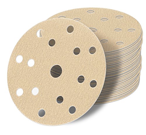 50 Stück 150 mm Exzenter Schleifscheiben P150 Körnung, 15 Loch, gold Film, Haft Klett Schleifpapier