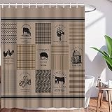 AMHNF Farmhouse Shower Curtain Rustic Sawyer Mill Farm Animal Truck Windmill Plaid Retro Home Bathroom Decor Quick Dry Fabric with 12 Hooks，70x70 Inch,Black Khaki Beige -  Rod Marion