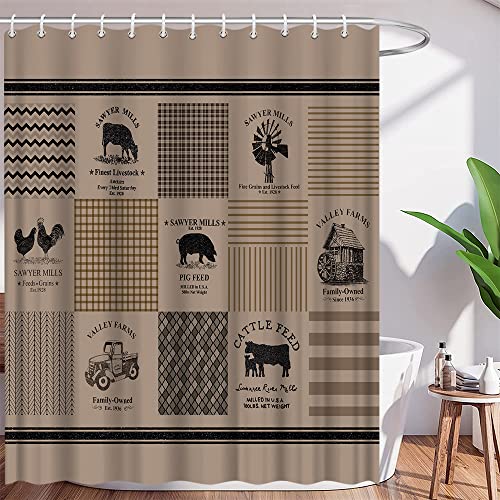 AMHNF Farmhouse Shower Curtain Rustic Sawyer Mill Farm Animal Truck Windmill Plaid Retro Home Bathroom Decor Quick Dry Fabric with 12 Hooks?70x70 Inch,Black Khaki Beige