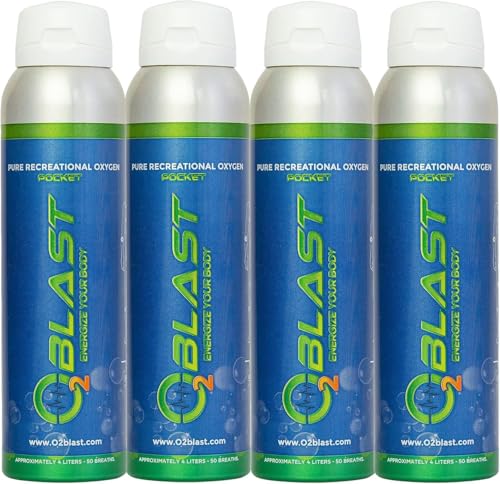 O2 Blast - Pure Oxygen Supplement - Filled with 99.99% Pure Oxygen to Support Fast Recovery, Increase Stamina & Enhance Focus for High Altitude and Action Sports, 4L Portable Can Flip-Top Cap, 4-Pack