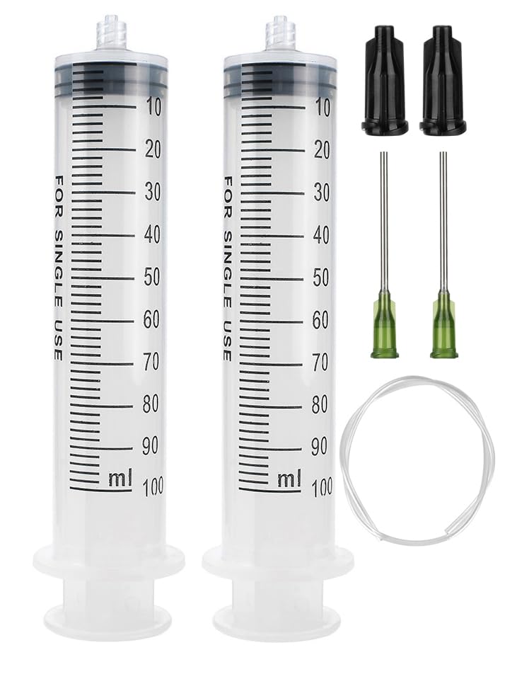 2 Pack 100ml Syringes with 55.1 Inch Tube and Needles 14G 1.5”, Sterile Syringe Individually Packaged for Labs, Liquid Measuring,Oil or Glue Applicator