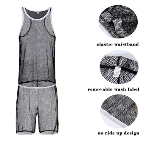 JINSHI Mens Sparkling Sheer Pajamas Set Sexy Mesh See Through Muscle Tank Tops Lounge Shorts Underwear Sleepwear Clubwear2